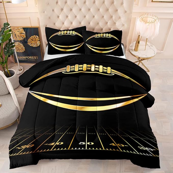 Boys Comforter Set, Twin Size, Football Themed, 3 PCS Including 1 Comforter & 2 Pillowcases, All Season Use, Black and Gold