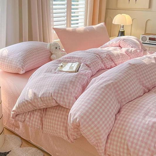 Nayoroom Gingham Duvet Cover Queen Size Pink White Plaid Checkered Comforter Cover 3 Pcs Soft Breathable Washed Microfiber Grid Farmhouse Bedding Set with Pillow Shams