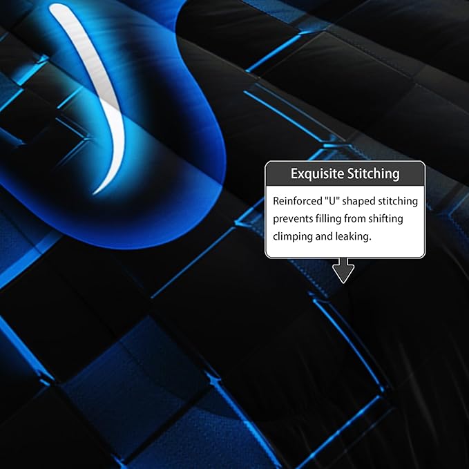 Axolotl Gamepad Comforter Set Twin Size,Blue Grid Print Bedding Set,Boys Gaming Console Comforter Set,Modern Gaming controller Geometry Bedding Set for Adult Teens Men,1 Quilt 2 Pillowcases,Blue Black