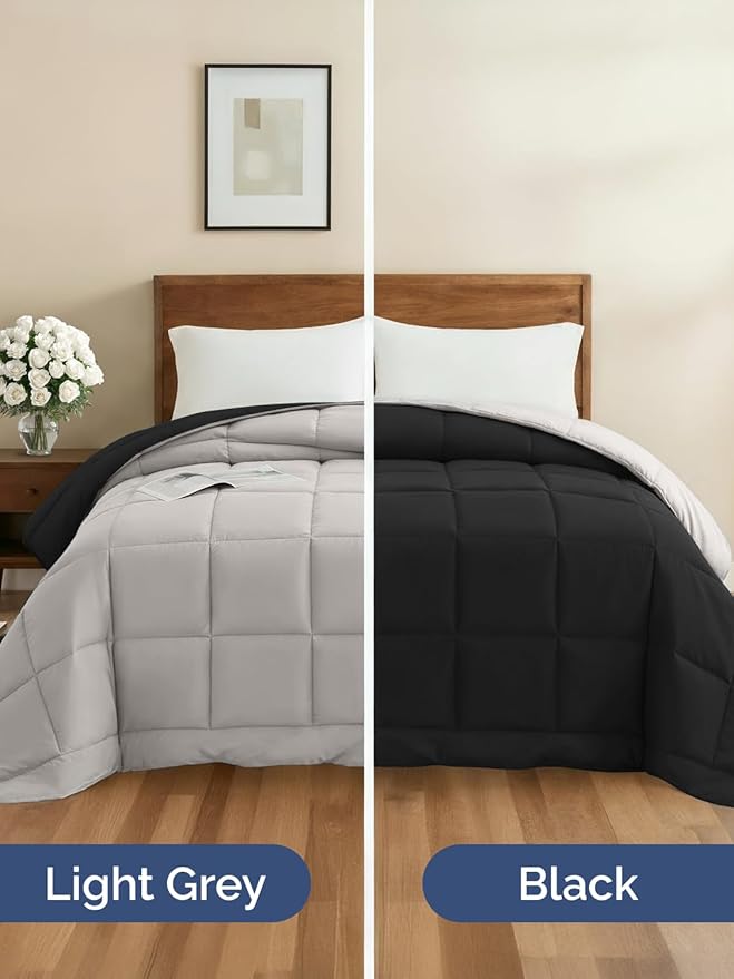 Twin Size, Black & Light Grey Alternative Down Comforter - Warm, Lightweight & Breathable Hotel Quality Bedding Set for Men, Women, Kids & Teens - All Season Cooling Microfiber Duvet Insert Comforter