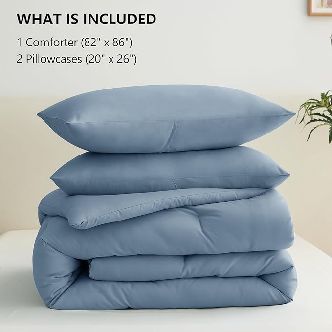 CozyLux Grayish Blue Full Size Comforter Set, 3 Pieces Dusty Blue Solid Breathable Quilted Bedding Sets, Luxury Soft Bed Set with Down Alternative Comforter All Season (1 Comforter & 2 Pillowcases)
