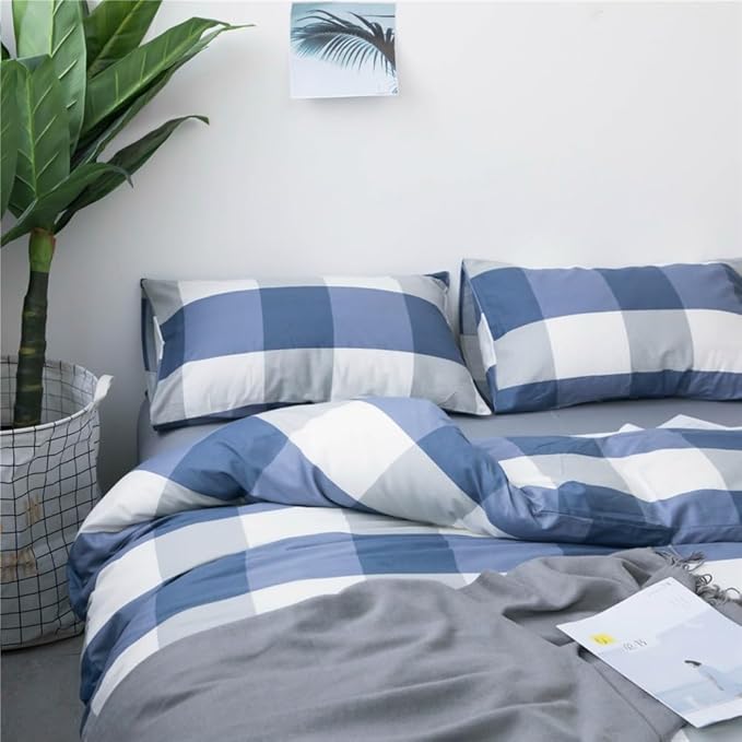 LifeTB Blue White Plaid Duvet Cover Twin XL Modern Soft Cotton Plaid Comforter Cover Simple Style Plaid Grid Duvet Cover with 2 Pillowcases Boho Checkered Bedding Comforter Cover with Zipper Closure