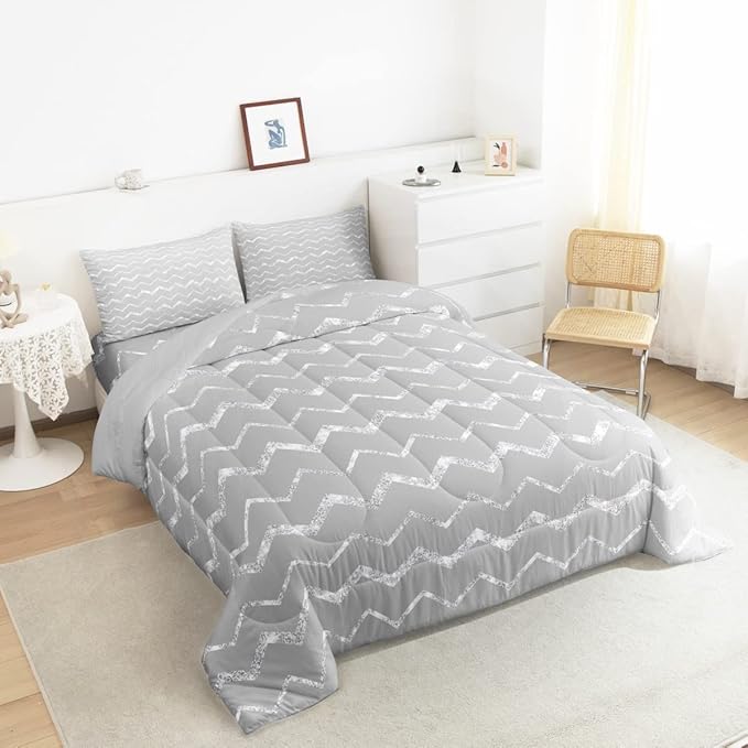 Feelyou Grey Comforter Set Full Size for Teen Girls Boys Women, Gray and Silver Bedding Set, 3 Piece Lightweight Microfiber Reversible Comforter (1 Comforter + 2 Pillow Shams)