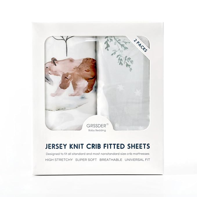 Stretchy Ultra Soft Jersey Knit Fitted Crib Sheets Set 2 Pack，Fit All Standard Crib Mattress Pads Safe and Snug, Stylish Pattren of Bear and Wolf Print