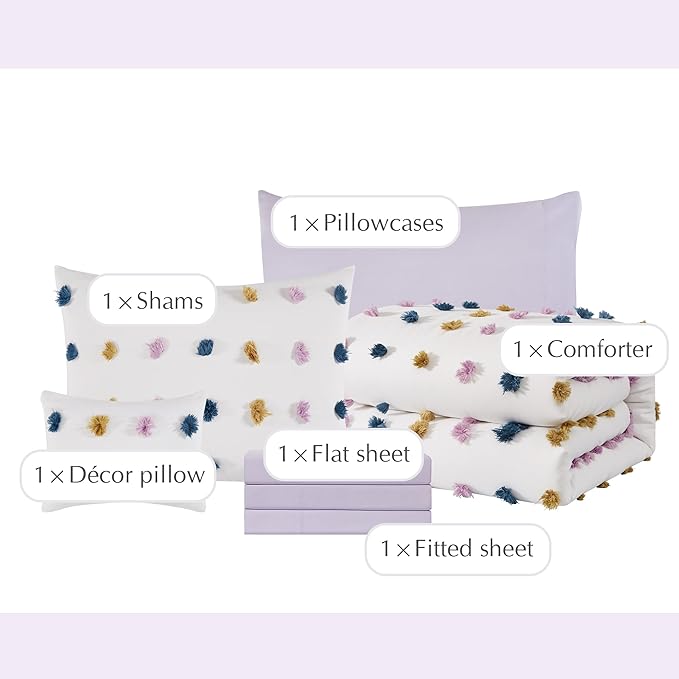 Geniospin Colored Twin Comforter Set for Girls- 6 Pieces Pom Tufted Bed in A Bag Twin Bedding Sets with Sheets, Pillowcases & Shams, All Season Kids Comforter Set