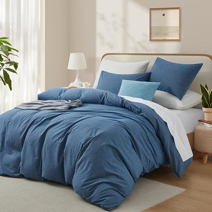 Blue Duvet Cover Full Size, 100% Washed Cotton Linen Like Bedding Set with Zipper Closure (No Comforter), 80x90 Inches