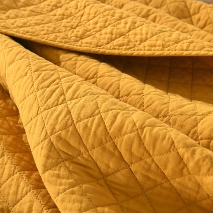 Cotton Quilt Bedding Sets Queen Size, 3 Pieces Reversible Lightweight Coverlets Comforters Bedspreads for All Seasons,Geometric Stitched Pattern,Yellow