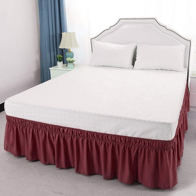 Bed Skirt - Wrap Around Bed Skirts Elastic Dust Ruffles, Easy Fit Wrinkle and Fade Resistant Luxurious Fabric Solid Color, Burgundy Olympic Queen Size Beds 15 Inch Drop