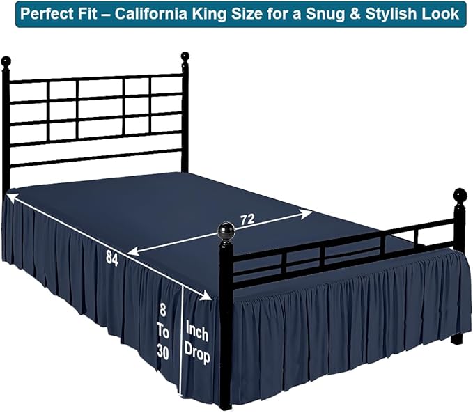 Shreem Linen Ruffled Bed Skirt with Split Corners, Gathered Style, 100% Microfiber, 28-Inch Drop, Dust Ruffle Bedskirt with Platform, Cal-King, Navy Blue