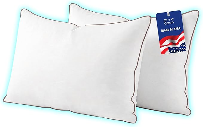 puredown® Made in USA Goose Feather Down Pillows, Queen Size Set of 2, 100% Cotton Cover, Bed Feather Pillows for Sleepering