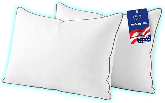 puredown® Made in USA Goose Feather Down Pillows, Queen Size Set of 2, 100% Cotton Cover, Bed Feather Pillows for Sleepering