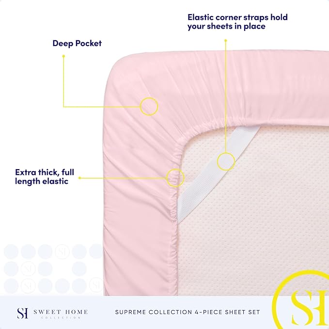 Split King Sheets - Breathable Luxury Sheets with Full Elastic & Secure Corner Straps Built In - 1800 Supreme Collection Extra Soft Deep Pocket Bedding Set, Sheet Set, Split King Size, Pale Pink