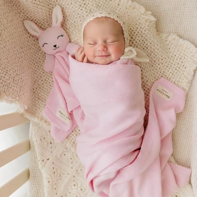 Baby Gift Set - Organic Cotton Newborn Blanket Essentials, Thoughtful Baby Shower & New Baby Gift for Boys & Girls (Lovey - Bunny - Pink)
