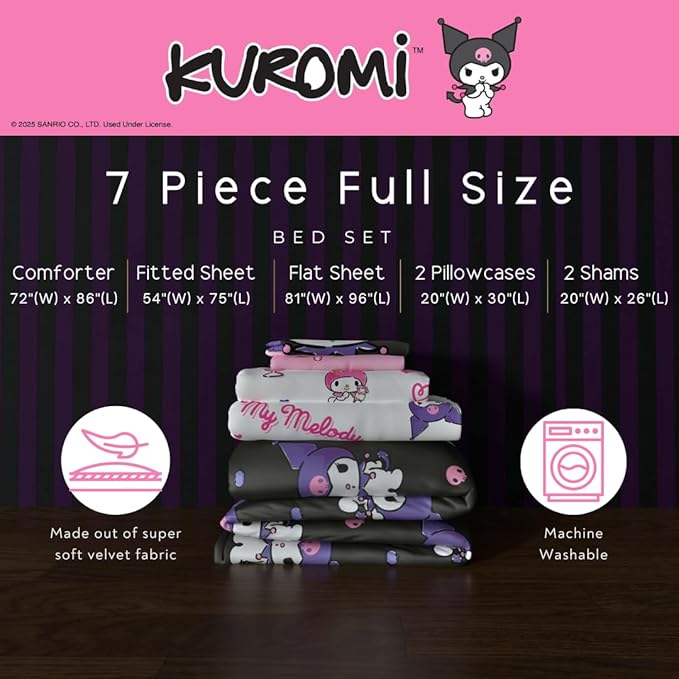 Sanrio Kuromi & My Melody Bedding 7 Piece Super Soft Cozy Reversible Comforter and Sheet Set with Sham, Full, (Officially Licensed Product) by Franco