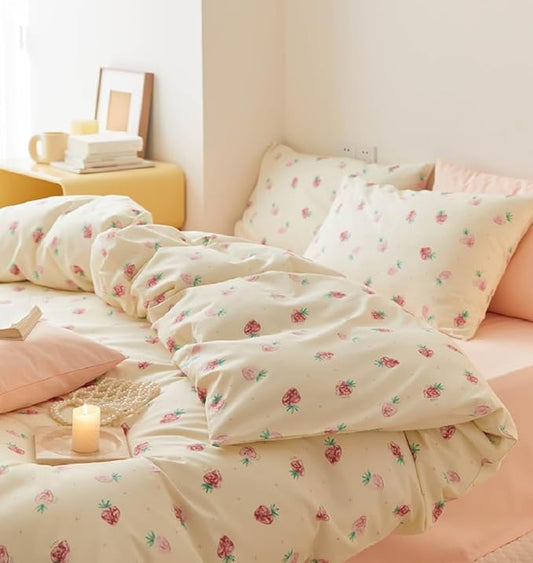 Nayoroom Strawberry Duvet Cover Set Twin Size Girls Cute Pink Strawberries Kawaii Comforter Cover 2 Pieces Soft Lightweight Microfiber Cream White Bedding with Zipper Closure