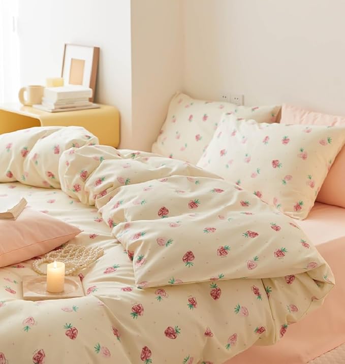 Nayoroom Strawberry Duvet Cover Set King Size Girls Cute Pink Strawberries Kawaii Comforter Cover 3 Pieces Soft Lightweight Microfiber Cream White Bedding with Zipper Closure