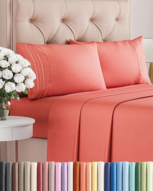 Cal King Size 4 Piece Sheet Set - Comfy Breathable & Cooling Bed Sheets Set - Hotel Luxury Bedding for Women, Men, Kids, Teens, Boys & Girls - Deep Pockets, Ultra-Soft, Wrinkle Free - Oeko-Tex - Coral