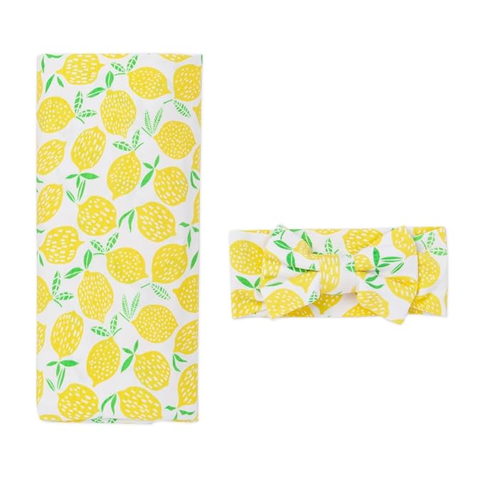 Little Sleepies Swaddle & Headband Bow Set, Viscose from Bamboo Baby Swaddles, Newborn Baby Girl Clothes (Lemons)