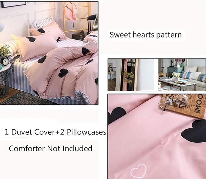 Omelas Blush Pink Heart-Shaped Queen Duvet Cover Set Black and Dusty Rose Full Bedding Comforter Cover Reversible Blue White Striped Soft Microfiber Quilt Cover for Kids Girls Teens Women