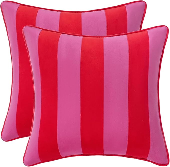 MONDAY MOOSE Decorative Throw Pillow Covers Cushion Cases, Set of 2 Soft Velvet Striped Piping Edge Designs, Pillow Inserts Not Included (20x20 inch, Hot Pink/Red)