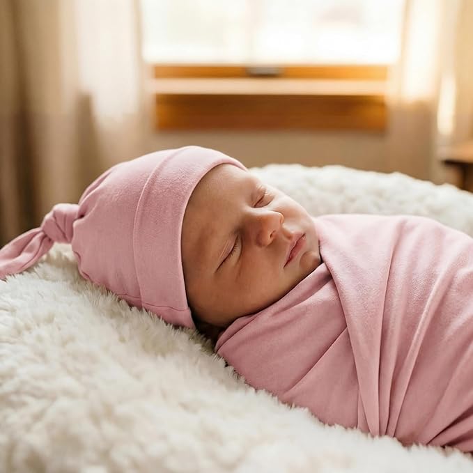 Large Jersey Knitted Swaddle Blanket for Baby, Soft Stretchy Receiving Blanket for Newborns with Hat, Baby Nursery Swaddle 47 x 47 inches(Rose)