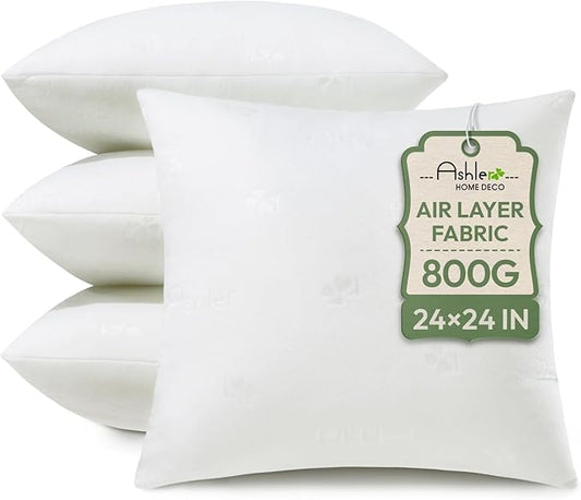 Ashler Throw Pillow Inserts 24 x 24 Inches Set of 4,Firm and Fluffy Decorative Square Pillows with Air Layer, Indoor Square Cushion Stuffer for Couch Bed Sofa and Living Room
