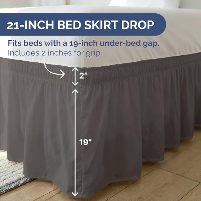 Wrap Around Dust Ruffle Bed Skirt - Dark Grey - Twin/Twin XL Size Beds with 21 Inch Drop - Elastic Strap - Adjustable Pleated Bedskirt with Brushed Fabric and Wrinkle Free - Women, Men, Kids & Teens