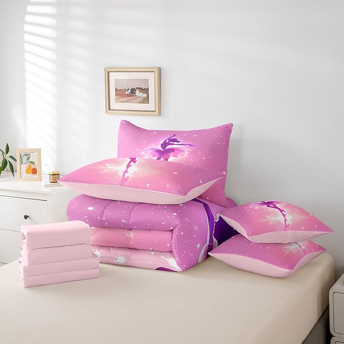 Feelyou Kids Ballet Dancer 7 Pieces Bedding Set Twin Size, Ballerina Comforter Set with Sheets Dreamy Princess Bed in A Bag Boys Girls Dancing Teens Bed Set Bedroom Decor 7Pcs
