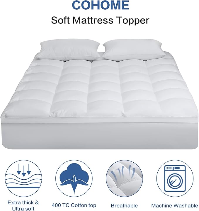 COHOME King Size Mattress Topper Extra Thick Cooling Mattress Pad 400TC Cotton Top Plush Down Alternative Fill Pillow Top Mattress Cover with 8-21 Inch Deep Pocket (78x80 Inches, White-Classic)