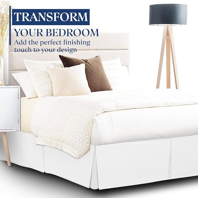 SKY BEDDINGS Luxury Pleated Queen Bed Skirt with Split Corners - 21 Inch Tailored Drop - Pleated Dust Ruffle - Wrinkle-Free 100% Microfiber - Easy Fit, Soft & Durable - White