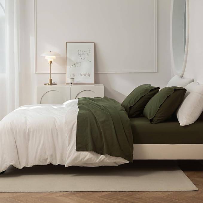 JIYUAN 100% Washed Cotton Sheet Set 4 Pieces Cal King,1 Fitted Sheet,1 Flat Sheet and 2 Pillowcases,Comfy and Breathable Linen Like Bedding Set,Olive Green