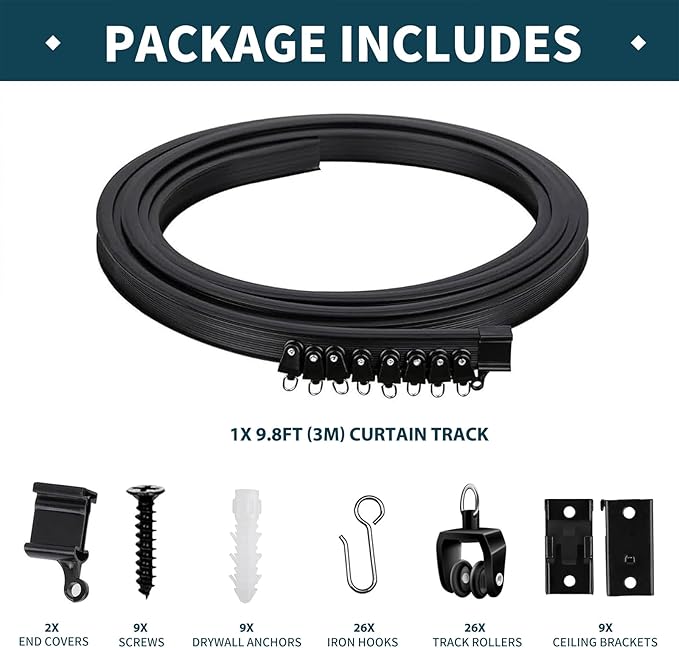 Flexible Bendable Ceiling Curtain Track, 9.8ft (3m) PVC, Metal, Plastic & Stainless Steel, Black, Ceiling Mounted
