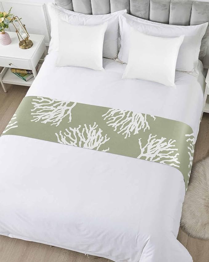 Coral Sage Green Bed Runner Scarf for Queen Size Bed Foot,Decorative Bedding Accessory Stainproof & Dustproof Soft Protector For Bedroom Wedding Room Coastal White Ocean Marine Nautical Beach 94"x20"