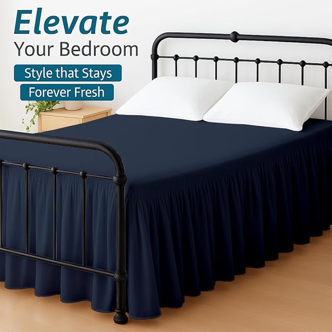 Shreem Linen Ruffled Bed Skirt with Split Corners, Gathered Style, 100% Microfiber, 15-Inch Drop, Dust Ruffle Bedskirt with Platform, Full-XL, Navy Blue