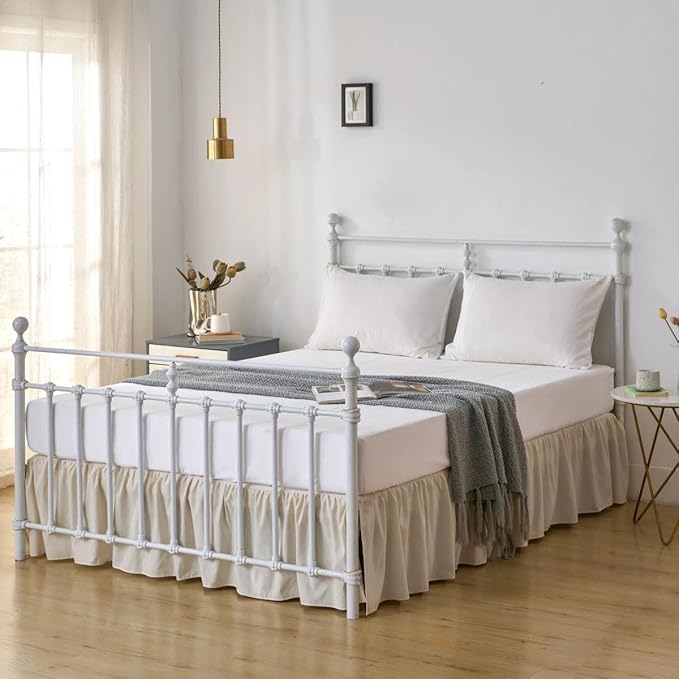 Bed Skirt Queen Size Ruffled Bed Skirt with Split Corners, 12 Inch Drop Dust Ruffle Bed Skirts with Platform, Cream, Queen- 12" Drop