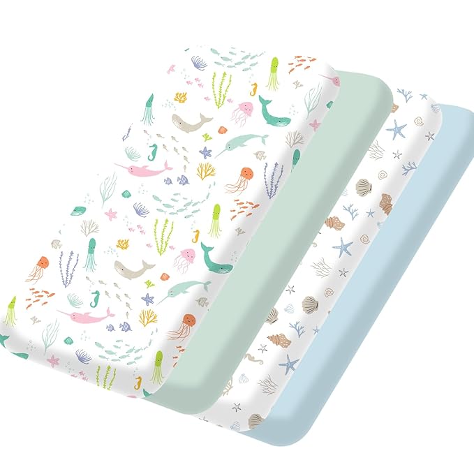 Bimocosy Pack and Play Sheets Fitted 4 Pack, 38 x 26 Inch Pack n Play Mini Crib Sheets for Boys and Girls, Soft Stretchy Playard Mattress Sheets for Graco Pack n Play, Ocean Friends