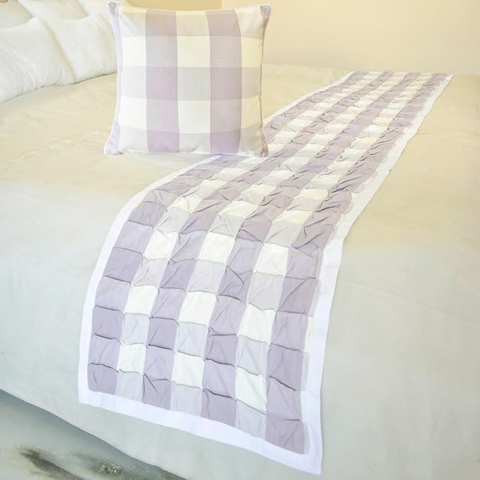 The HomeCentric King/Queen/Twin Lavender Decorative Bed Runner Queen 74"x18" Bed Runner with One Pillow Cover, Checkered, Buffalo Plaid, Check Bed Scarf on Cotton Fabric - Lavender Plaid Knots