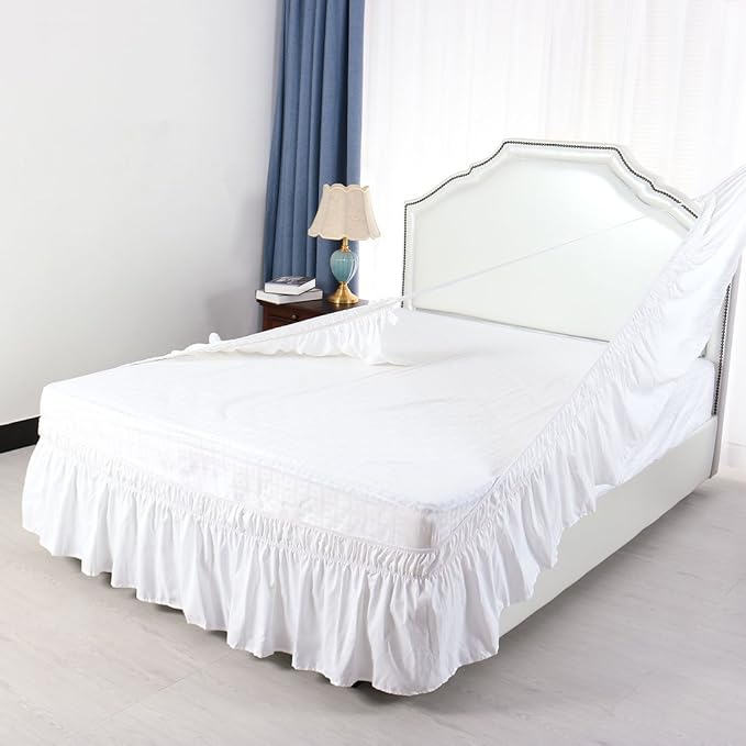 Bed Skirt - Wrap Around Bed Skirts Elastic Dust Ruffles, Easy Fit Wrinkle and Fade Resistant Luxurious Fabric Solid Color, White Full XXL Size Beds 15 Inch Drop