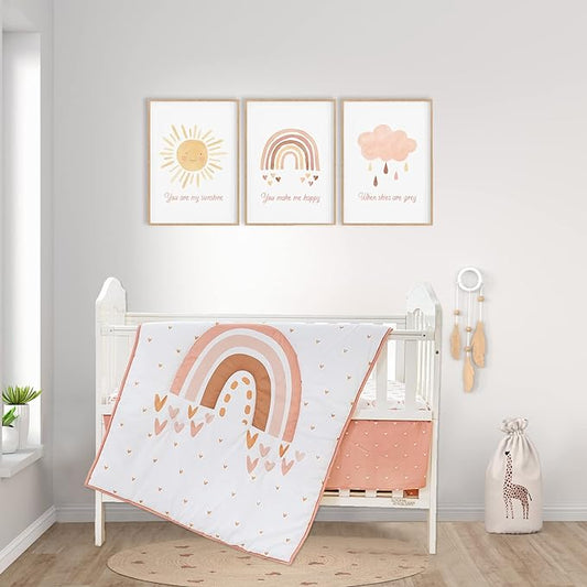 Cokouchyi 3 Piece Rainbow Boho Crib Bedding Set - Standard Size Nursery Bedding for Boys and Girls with Crib Sheet, Comforter & Crib Skirt