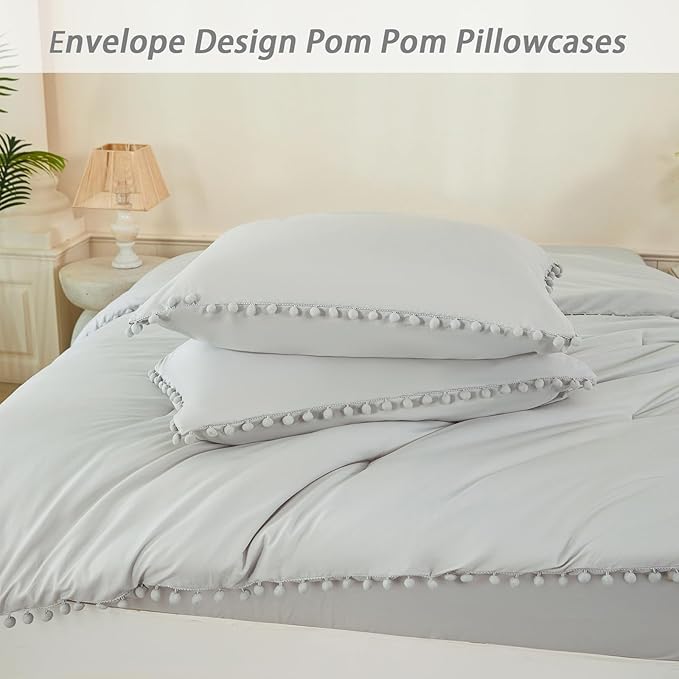 PERFEMET Light Grey Comforter Twin Size 5-Piece Bed in a Bag Set Pom Pom Bedding with Sheets for Girls Boys Soft Fluffy Down Alternative Boho Solid Comforter Set(Light Grey, Twin)