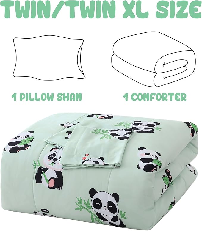 Yibeizi Twin Bed Comforter Set, Kids Lightweight All-Season Comforter Set Cute Panda Pattern Microfiber Breathable Hypoallergenic Soft Oeko-Tex Bedding Comforter Sets