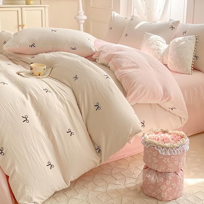 Nayoroom Bow Duvet Cover Queen Size Reversible Pink Coquette Duvet Cover 3 Pieces Soft Lightweight Microfiber Kids Girls Cute Aesthetic Dorm Bedding Set, White/Pink