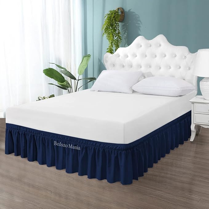 Wrap Around Bed Skirt 10" Inch Drop 100% MicrofibreFabric 1-Piece Bed Skirt Easy Fit Easy Care Fade & Wrinkle Resistant - Queen Size (60"X80"), Navy Blue Color