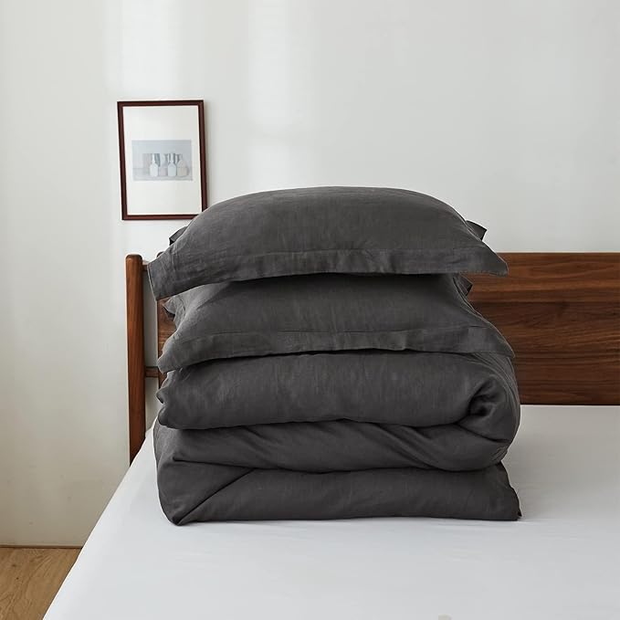 Simple&Opulence 100% Linen Duvet Cover Set, Natural French Flax Dark Grey Duvet Cover Twin Size, Breathable Soft Comfy Linen Bedding Comforter Cover with 1 Pillowcase(Dark Grey, 68"x86")