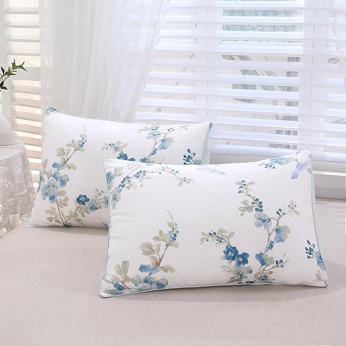 URBONUR 100% Egyptian Cotton Duvet Cover Twin Size 3 Piece Floral Comforter Cover Sets Flowers Plum Blossom Printed Bed Sets Soft Smooth & Cooling Bedding Set, Blue