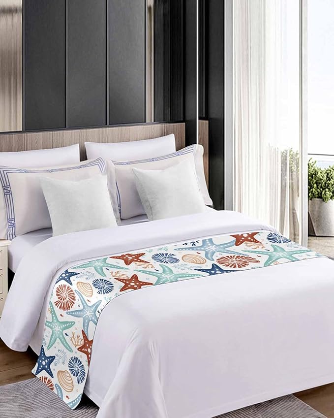 Blue Teal Khaki Coral Bed Runner for Cal. King Size Bed, Bedspread Protector Slipcover Bed Scarf for Foot Bed Runners & Scarves for Bedroom 94x20 Spring Summer Coastal Starfish Beach Nautical Conch