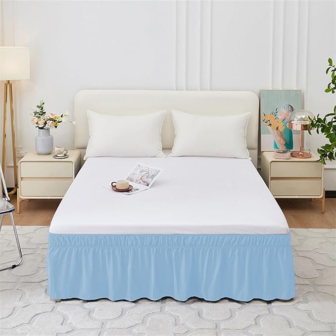 GIBZ Adjustable Wrap Around Ruffled Bed Skirt, Elastic Dust Ruffles Easy Fit Wrinkle & Fade Resistant, Machine Washable, King 16" Drop, Light Blue