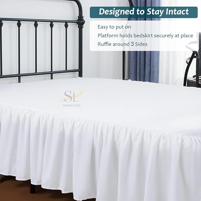 Shreem Linen Ruffled Bed Skirt with Split Corners, Gathered Style, 100% Microfiber, 30-Inch Drop, Dust Ruffle Bedskirt with Platform, King, White
