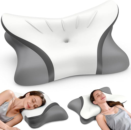 Cervical Neck Pillow for Pain Relief, Bed Pillows for Sleeping, Ergonomic Cooling Pillow, Orthopedic Contour Pillow for Side Back Stomach Sleepers,Neck Support Memory Foam Pillows (White&Grey)
