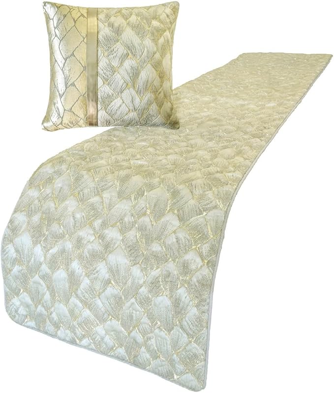 The HomeCentric King/Queen/Twin Ivory & Gold Designer CA King 86"x18" Bed Runner Without Pillow Cover, Patchwork, Quilted, Jacquard Foil Bed Scarf on Jacquard Fabric - Spinzar